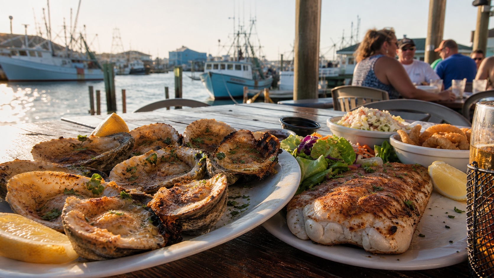 Fresh chargrilled oysters and grilled grouper at a waterfront seafood restaurant on Destin Harbor with boats in the background