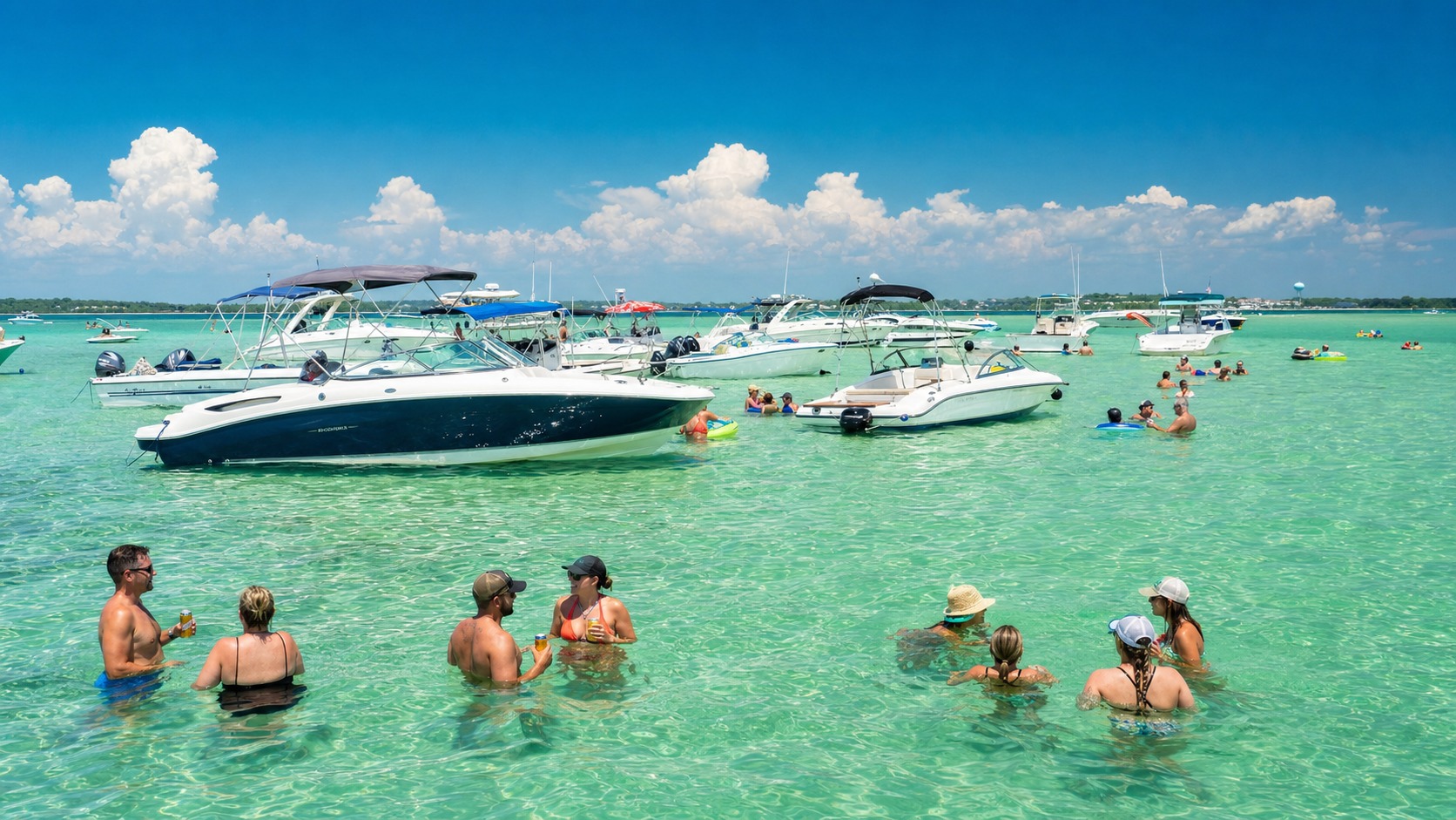 Group of people swimming and wading at Crab Island sandbar in Destin Florida with boats anchored nearby on a sunny summer afternoon in emerald-green water