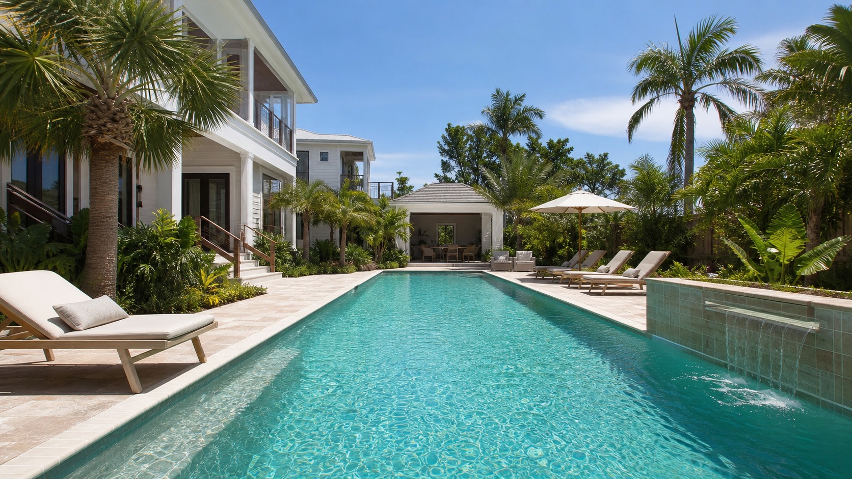 Spacious vacation rental house with private swimming pool and comfortable sun loungers in Miramar Beach Florida surrounded by tropical landscaping