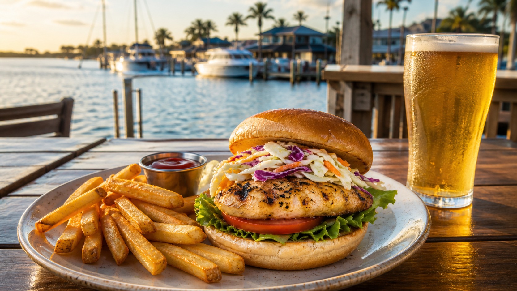 Grilled Gulf grouper sandwich with coleslaw and a cold beer served at an outdoor waterfront table at a Destin Florida restaurant with harbor views