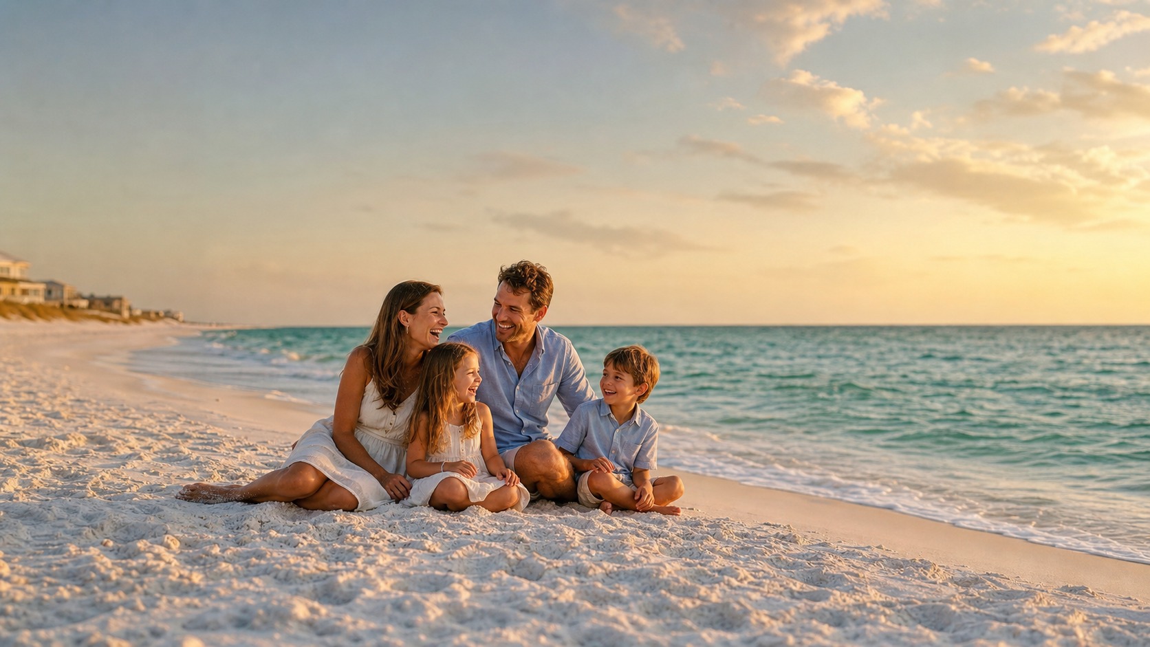 Happy family of four sitting together on a white sand beach at golden hour in Destin Florida, laughing with the emerald Gulf water glowing in sunset light behind them