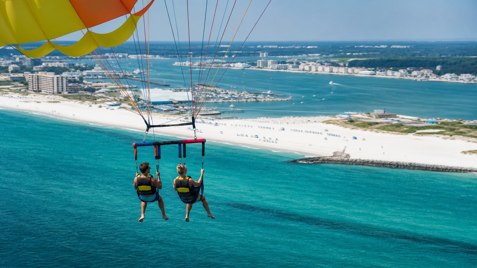 Parasailing tandem over the turquoise Gulf waters near Destin Harbor Florida, white sand shoreline visible below