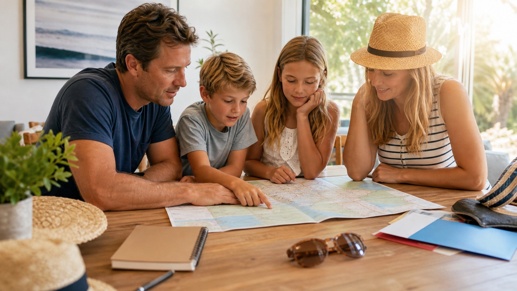 Family reviewing vacation costs and travel budget on a laptop at a kitchen table, planning a beach vacation with maps and travel documents spread out