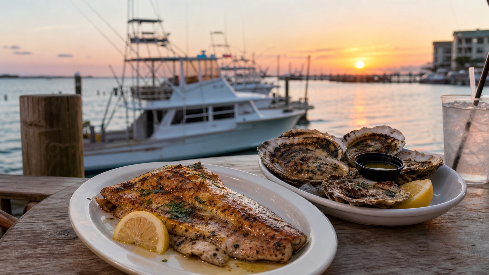 Rustic plate of chargrilled Gulf oysters and fresh grouper fillet at a waterfront Destin seafood restaurant with charter boats and the harbor visible in the background