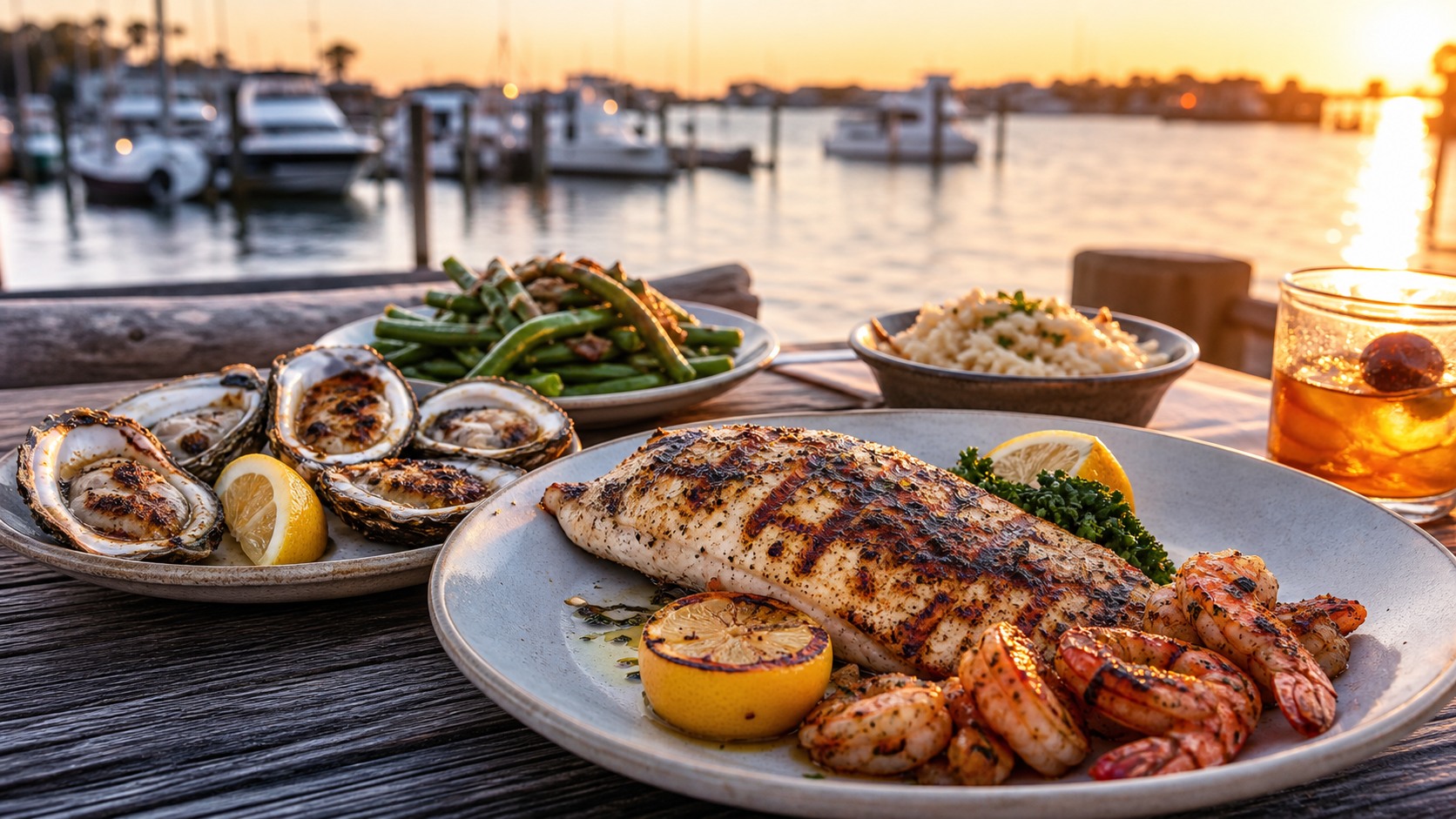 Fresh Gulf seafood dinner at a waterfront restaurant in Destin Florida at sunset, grilled grouper and chargrilled oysters, harbor views in the background
