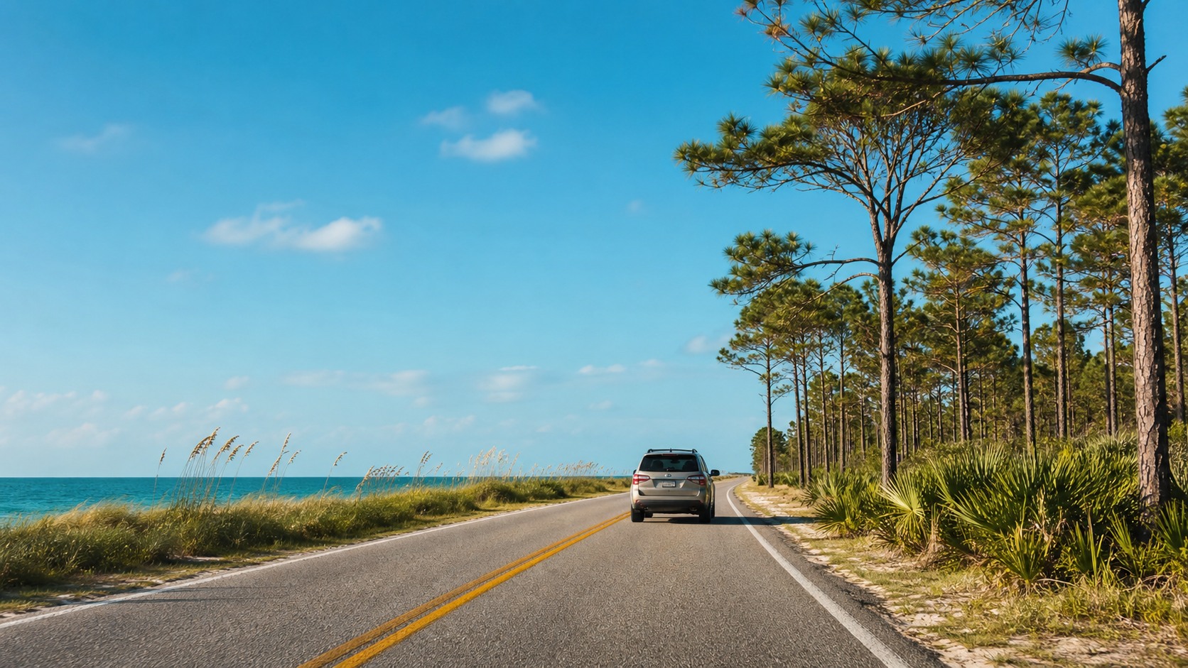 Scenic Florida Panhandle coastal highway with Gulf of Mexico visible through the trees, sunny summer day drive to the beach