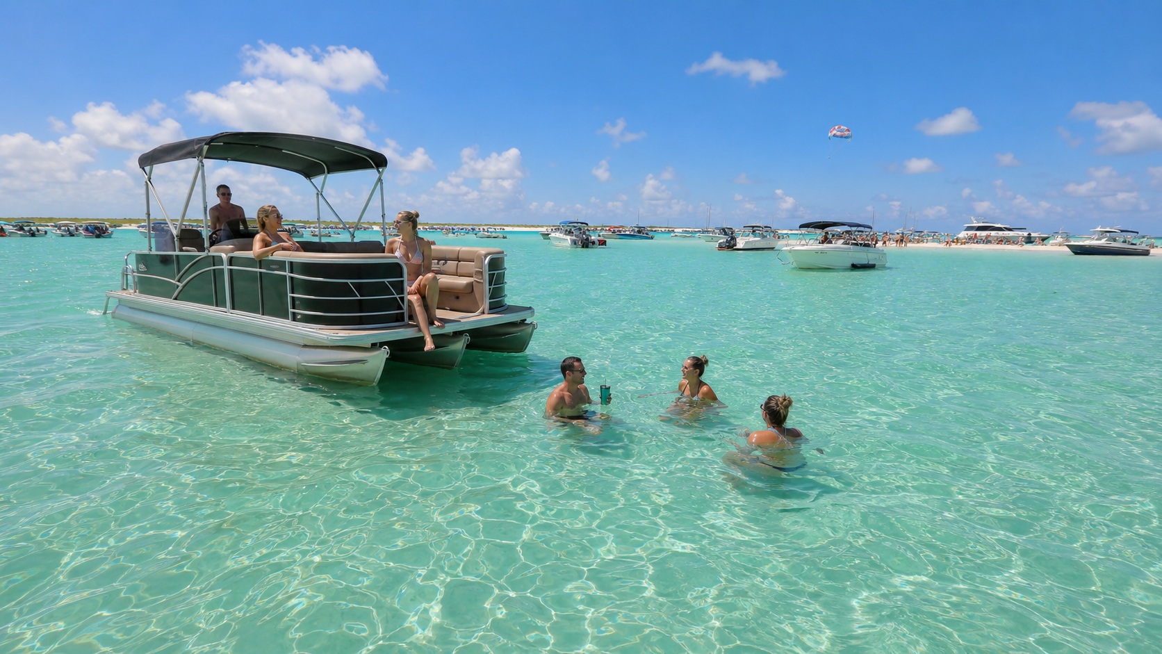 People having fun on a pontoon boat near Crab Island in Destin Harbor Florida, swimming in clear shallow emerald Gulf water with parasailing boat visible in the background, summer afternoon