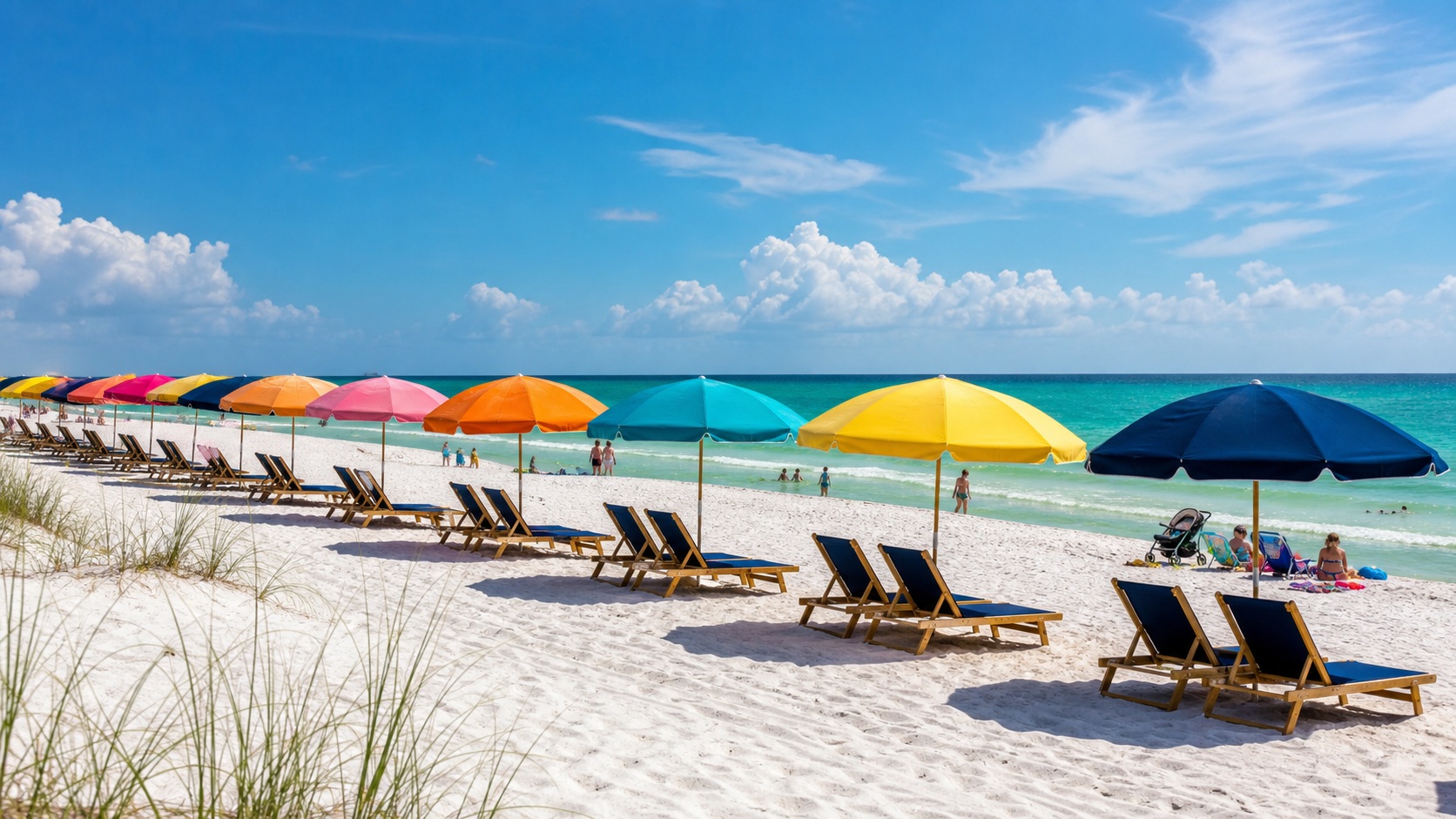 Rows of colorful beach umbrellas and lounge chairs on a white sand Florida Gulf Coast beach on a bright summer day, families relaxing in the sun