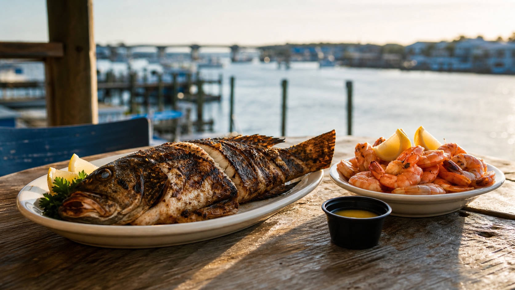 Fresh whole grilled Gulf grouper and a plate of boiled Gulf shrimp served at an outdoor waterfront seafood restaurant in Destin Florida, cold beer, rustic wood table with harbor view