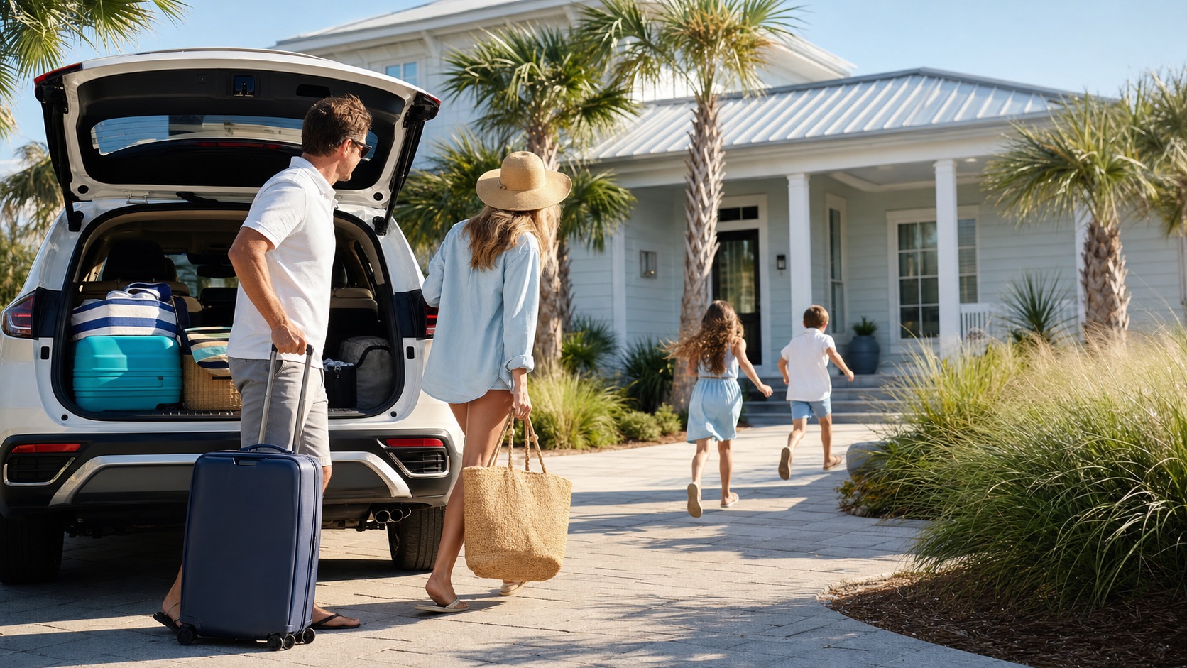 Family unloading luggage from an SUV at a Gulf Coast Florida vacation rental home with palm trees, children running excitedly toward the entrance on a bright summer day