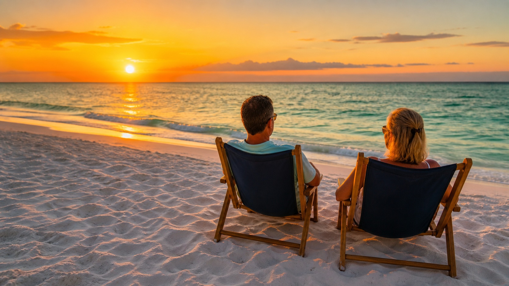 Happy couple sitting in beach chairs on white sand Destin Florida beach at golden hour, warm orange sunset light over the calm emerald Gulf water, relaxed end of a perfect beach day
