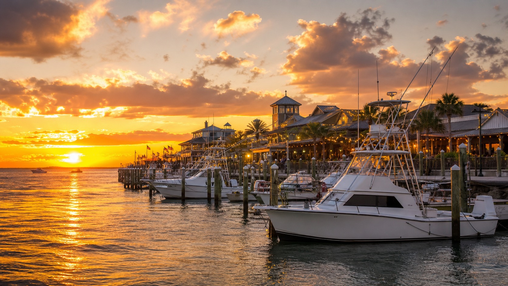 Golden sunset over Destin Harbor with charter boats docked and the HarborWalk Village boardwalk lit up in the evening with string lights