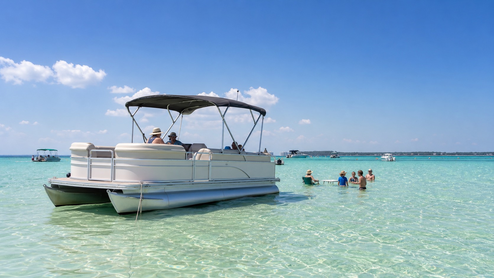 People on a pontoon boat anchored at Crab Island sandbar in Destin Florida on a sunny summer afternoon with emerald-clear shallow water and floating food vendors in the background
