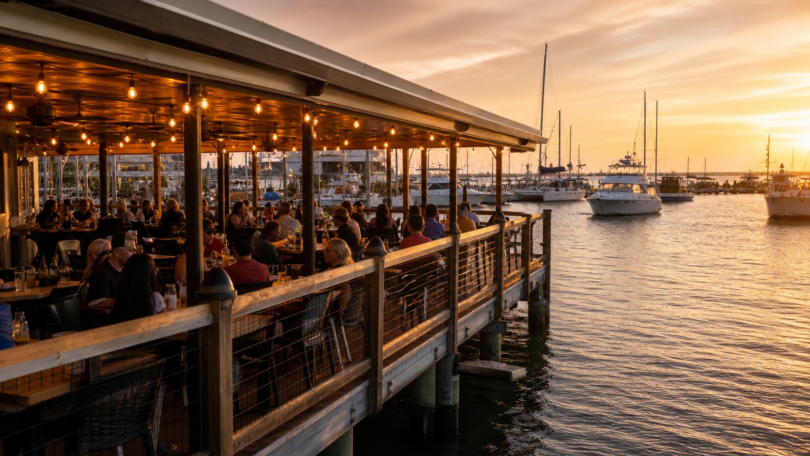 Casual outdoor waterfront seafood restaurant in Destin Florida at golden hour with diners at covered deck tables overlooking the harbor with sailboats and charter boats docked behind them