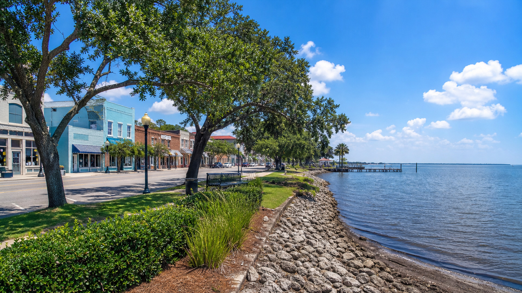 Bay St. Louis Mississippi historic downtown waterfront with charming storefronts and a view across the sparkling Bay of St. Louis on a sunny summer afternoon