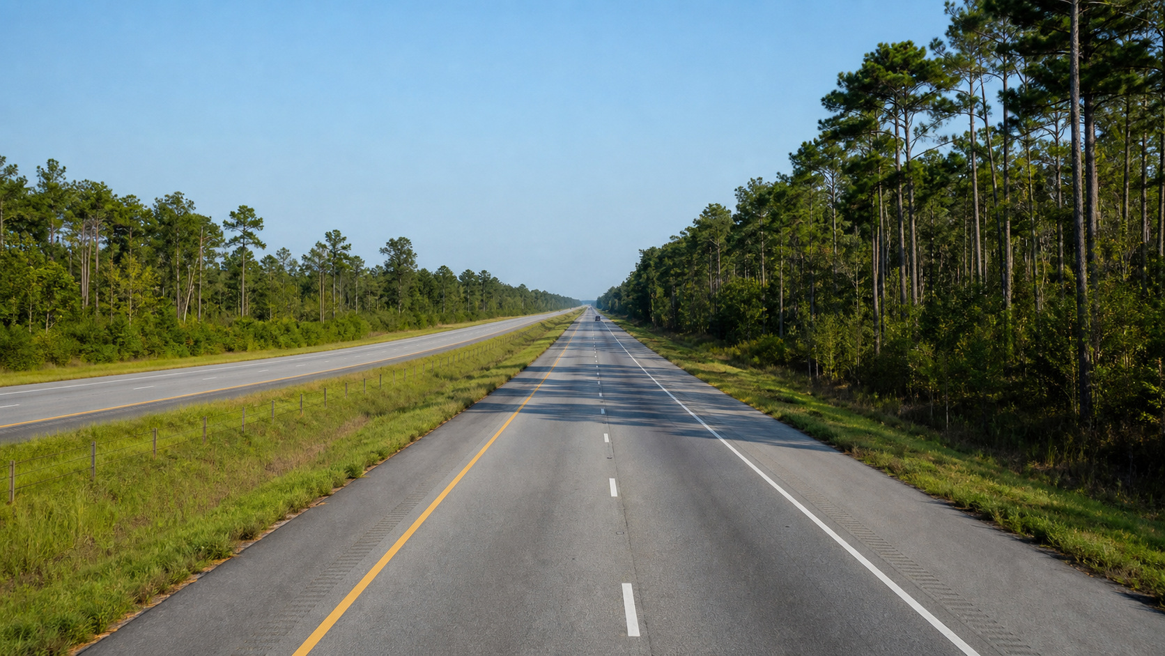 I-12 East corridor through Louisiana North Shore near Slidell, four-lane tree-lined highway on a clear summer morning heading east toward Mississippi