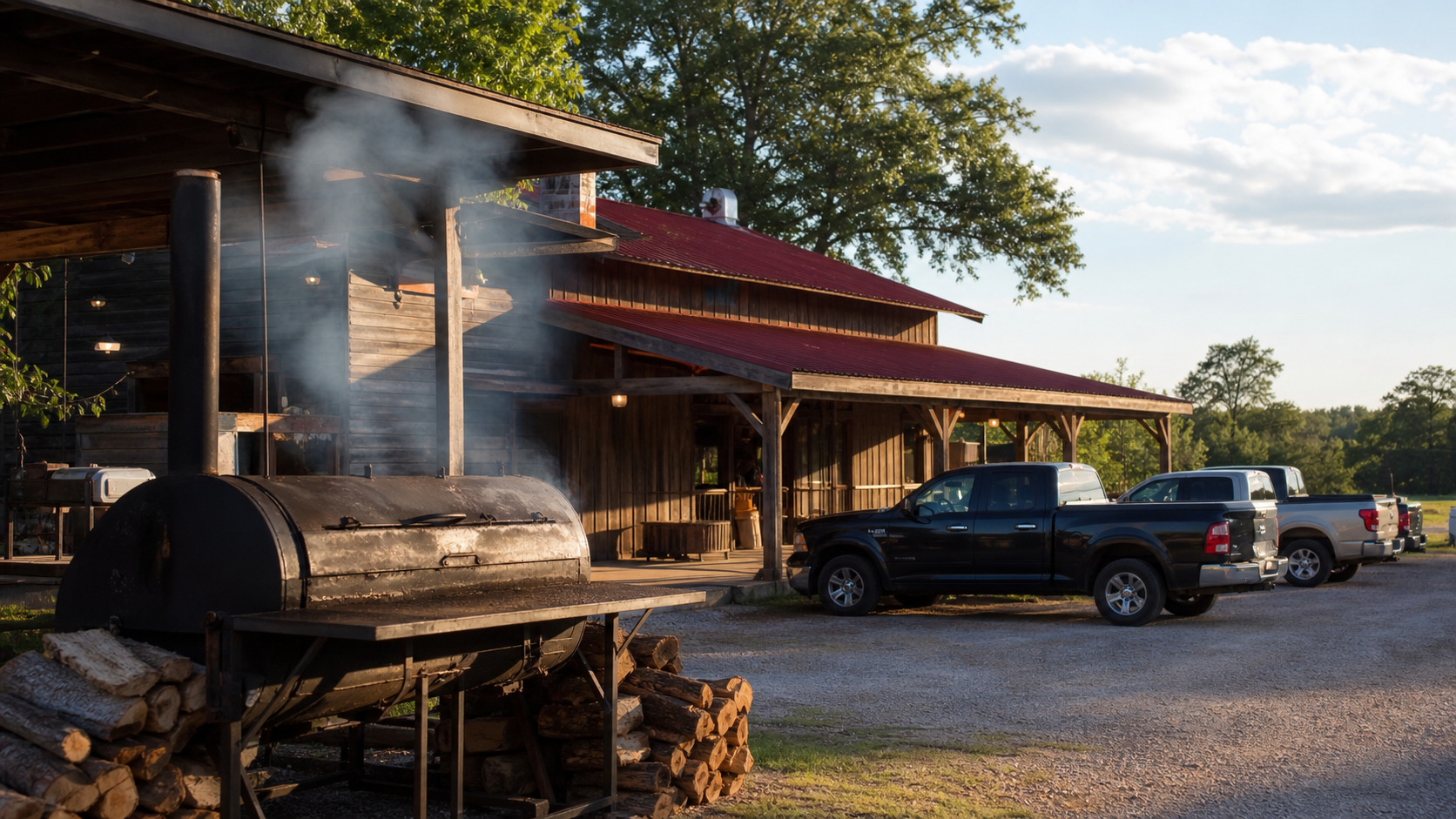 Classic Southern BBQ roadside restaurant in rural Alabama with smoke from a pit smoker, pickup trucks in a gravel lot on a warm summer afternoon