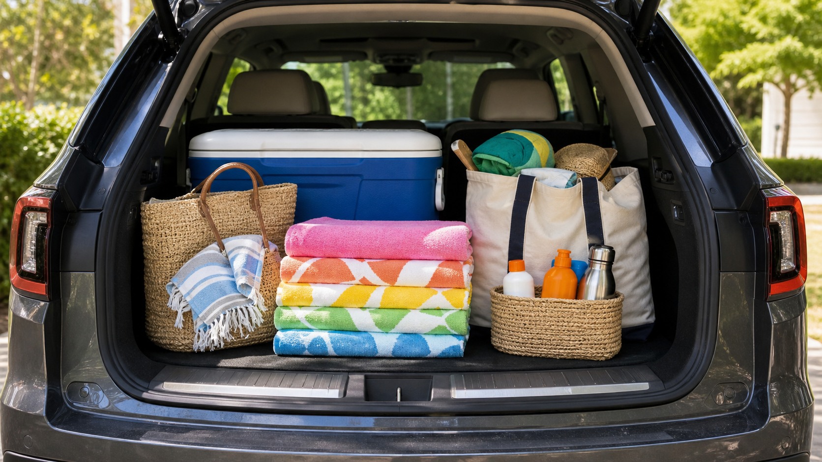 Well-organized open cargo area of a family SUV showing a large blue cooler, stacked colorful beach towels, canvas tote bags, water bottles, and sunscreen arranged for a road trip