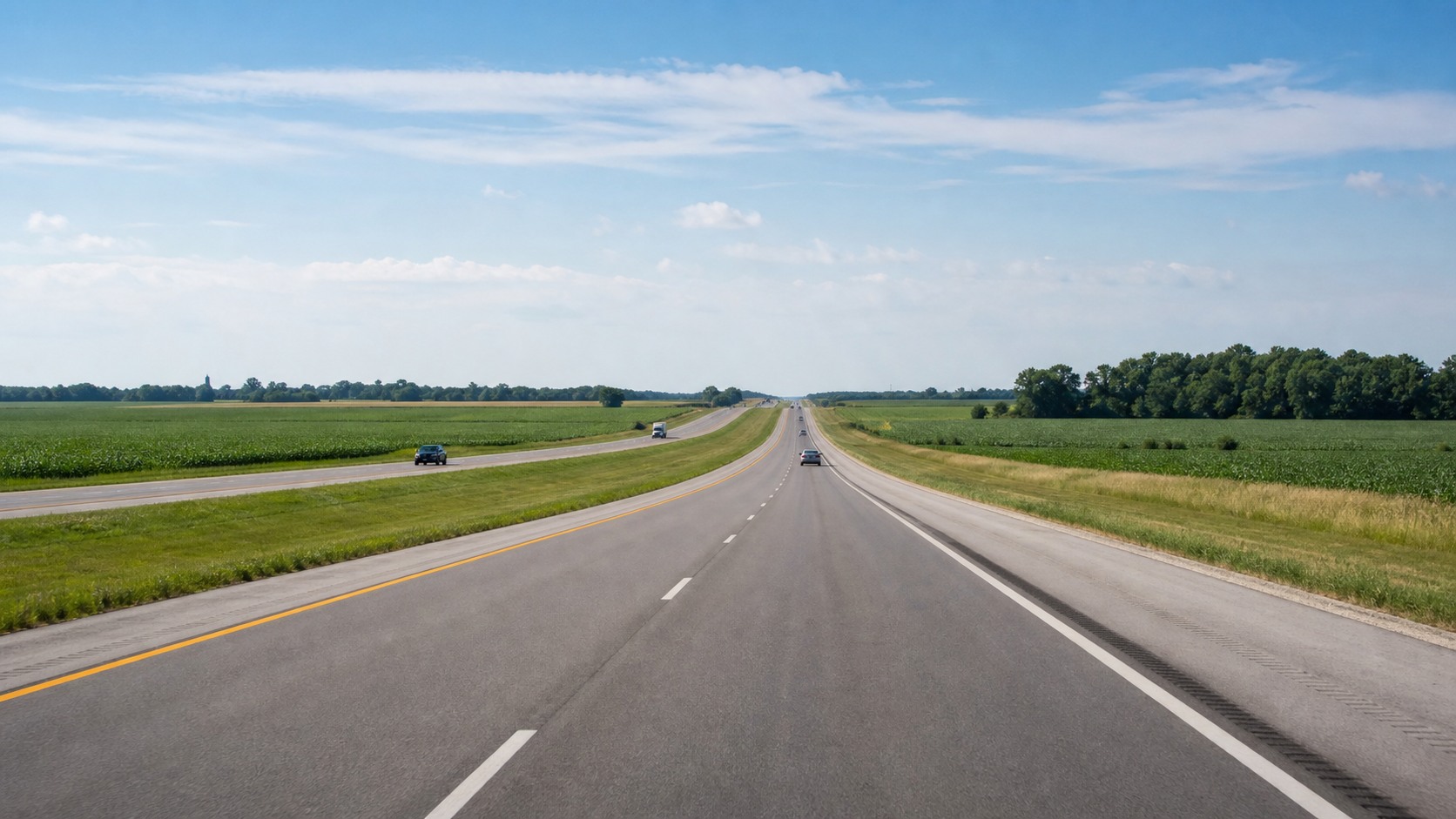 I-65 South interstate highway through flat Indiana farmland on a bright summer morning, green fields stretching to the horizon