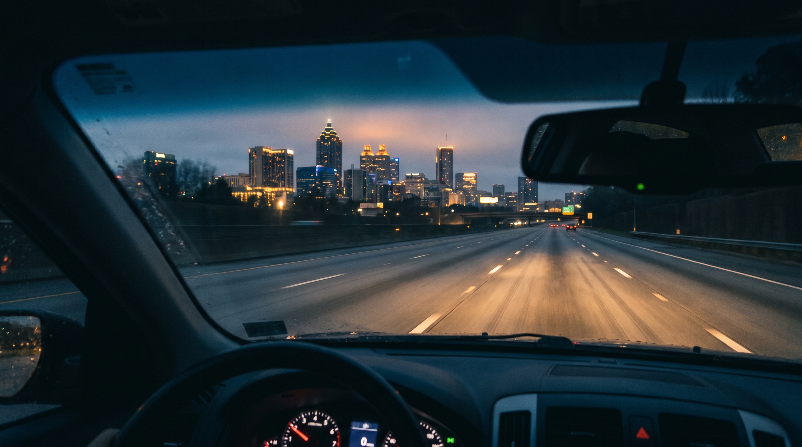 Early morning sunrise light on an empty interstate highway heading south through open countryside