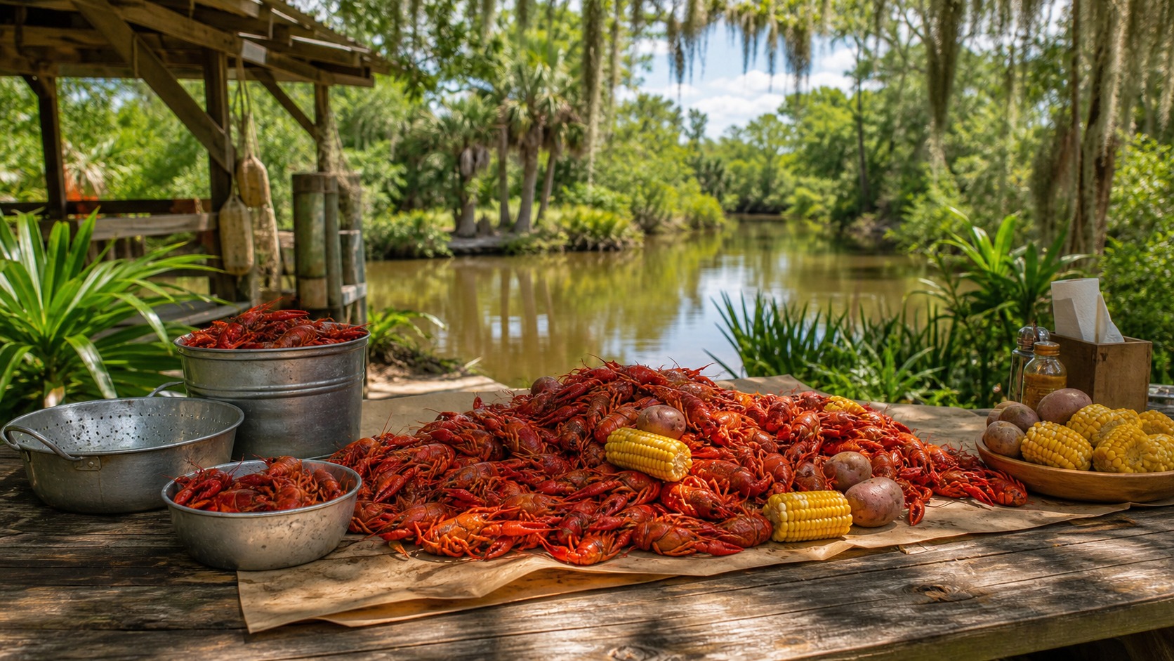 Roadside Cajun seafood restaurant in Lafayette Louisiana with crawfish signs and outdoor seating, road trip pit stop