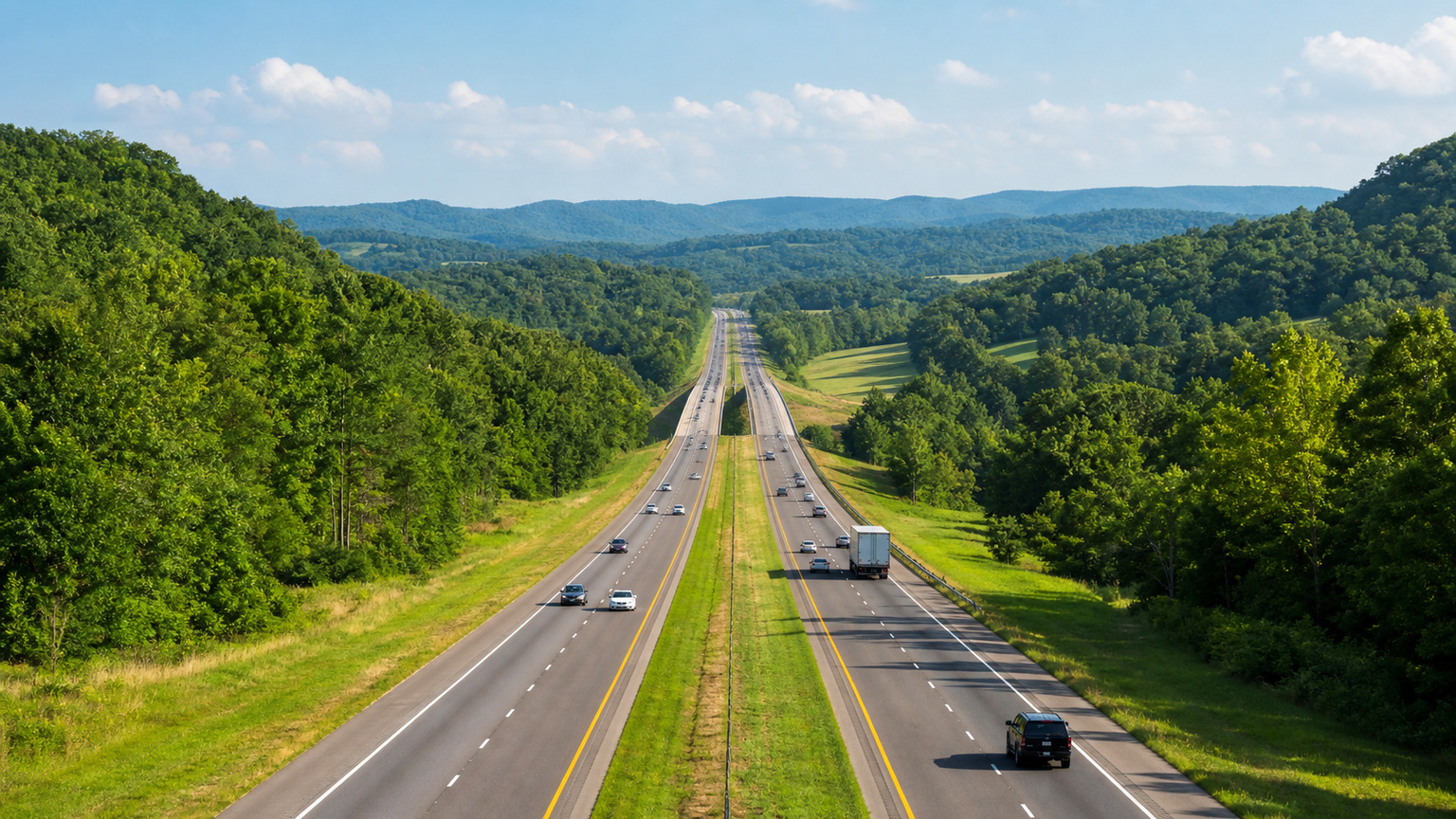Interstate 65 highway stretching south through rolling green Alabama hills on a clear summer day heading toward the Gulf Coast
