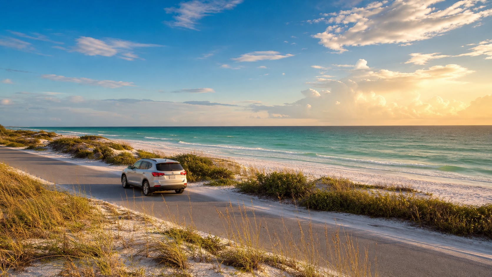 First glimpse of Destin Florida emerald green Gulf water and white sand from a car approaching on US-98 on a clear summer day