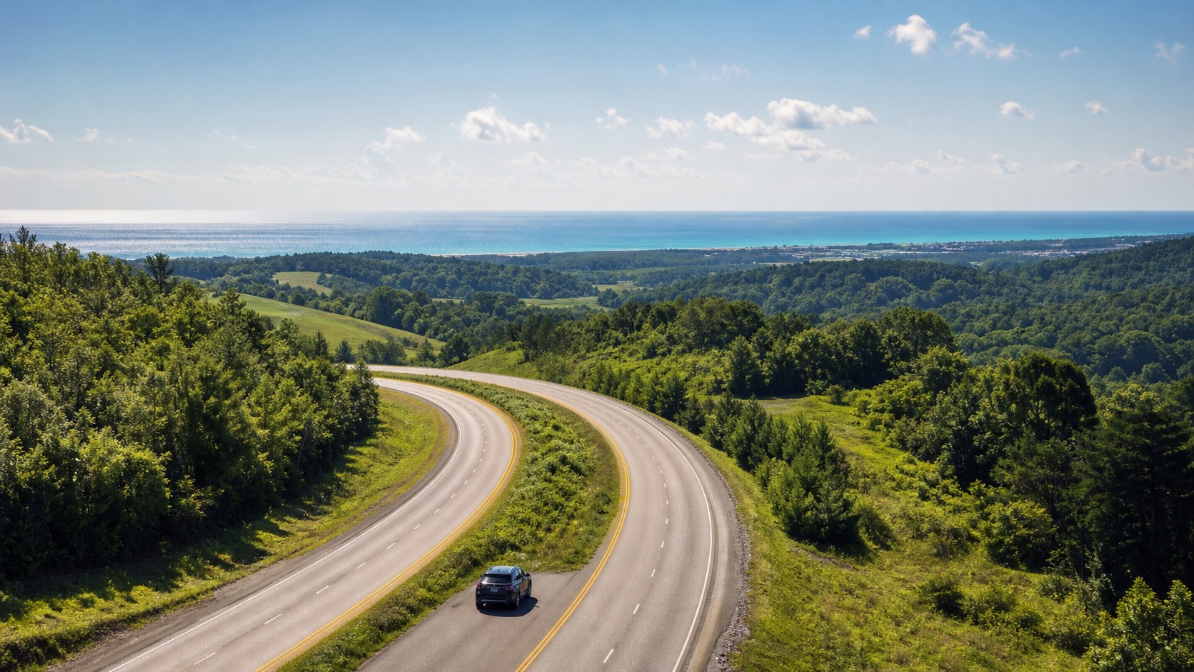 I-65 interstate highway stretching south through green rolling Tennessee countryside on a clear summer day