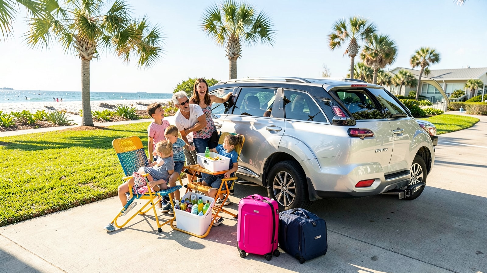 Happy family loading beach chairs, a cooler, and luggage into a silver SUV in a Tampa driveway on a bright summer morning ready for a road trip to Destin