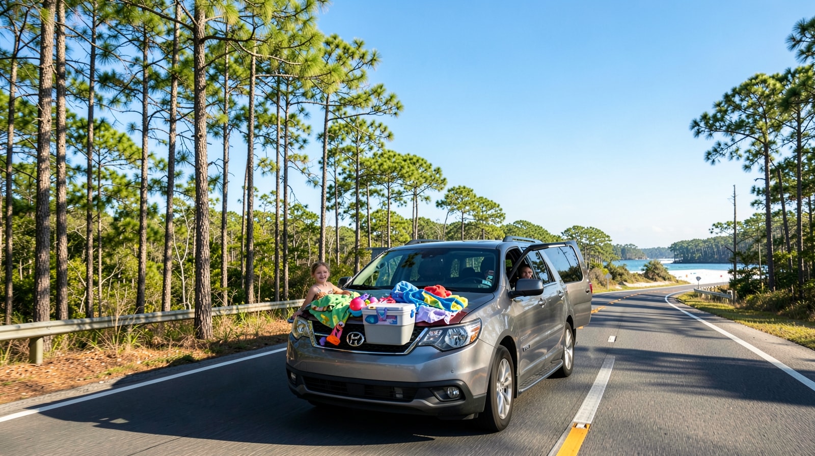 Family SUV loaded with beach gear driving on I-75 highway through north Florida pine forests on a sunny summer morning