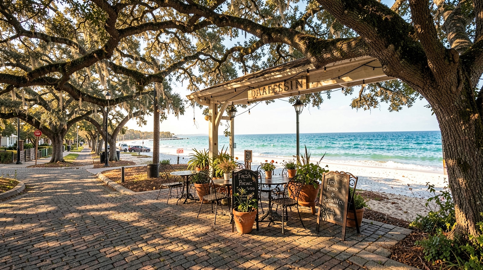 Inviting coffee shop patio on a tree-lined Gainesville Florida street with morning sunlight filtering through old oak trees