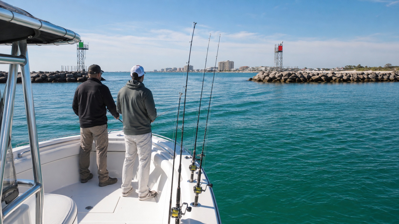 Anglers on a charter boat in Destin Harbor on a clear winter morning, rods in the water with calm emerald Gulf in the background