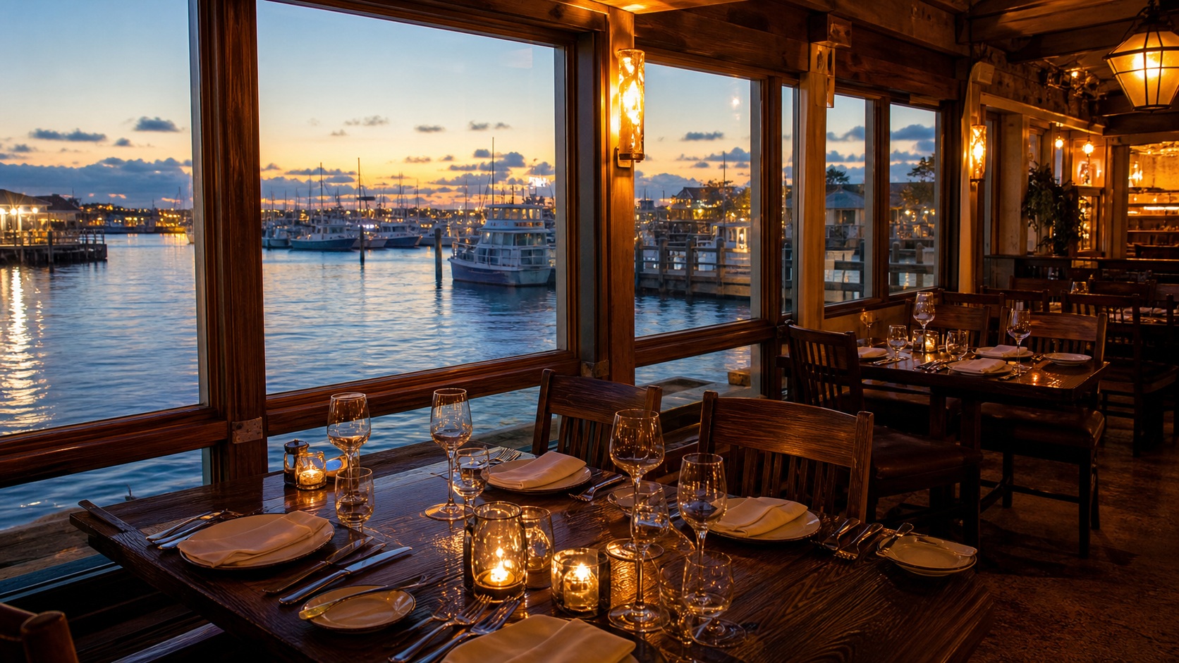 Warm and inviting waterfront seafood restaurant in Destin Florida on a February evening with harbor views through large windows and candles on the tables