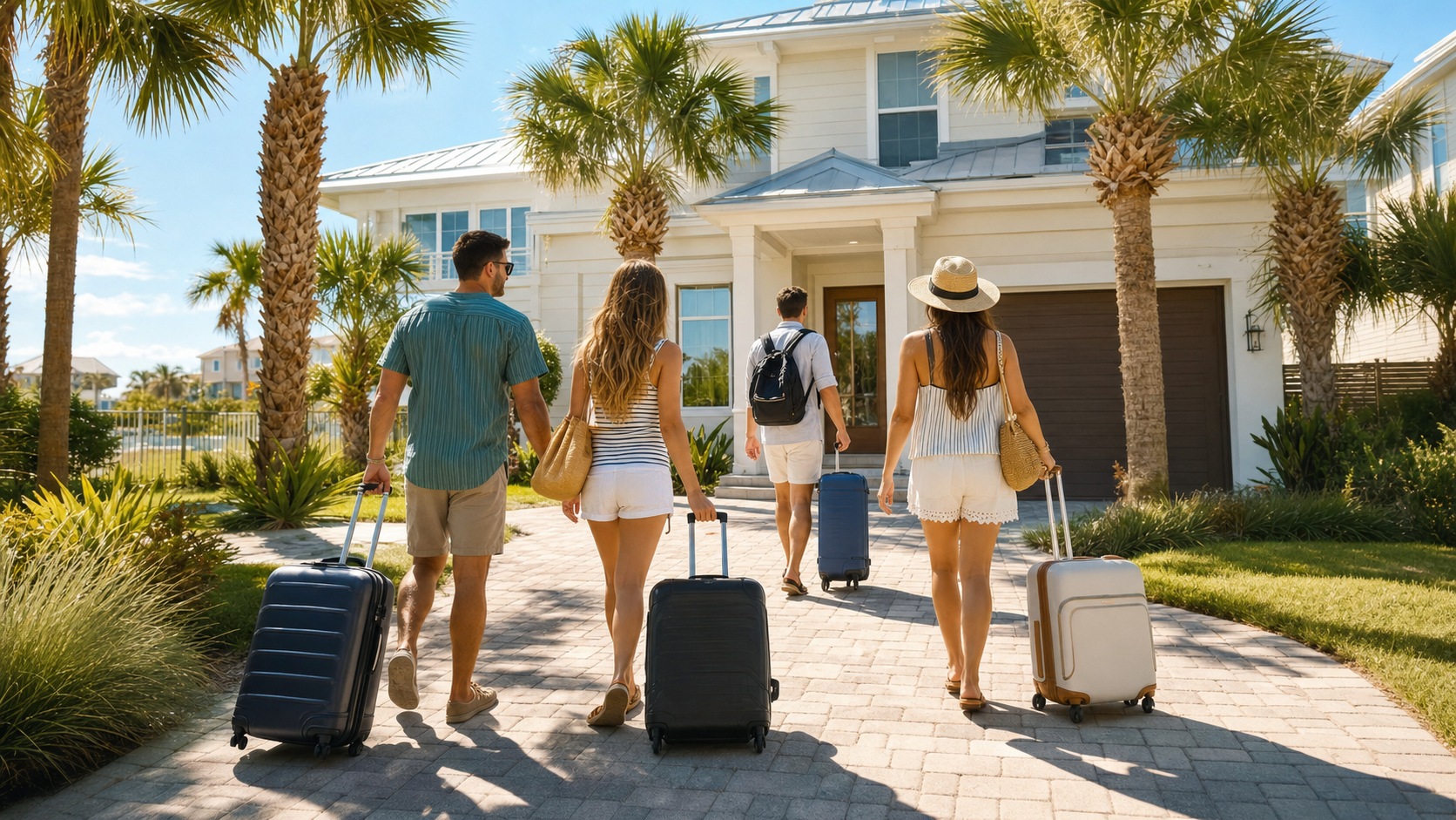 Friends arriving at a vacation rental house in Destin Florida with luggage on a sunny day, palm trees in front yard
