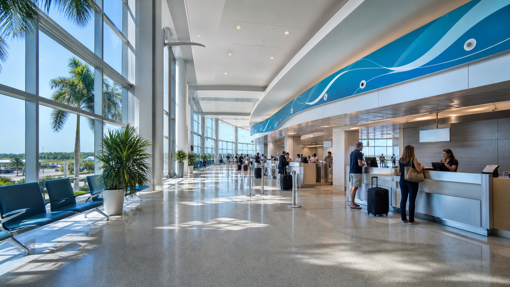 Small regional airport terminal in the Florida Panhandle with palm trees visible through large windows and passengers at the check-in counter on a sunny day