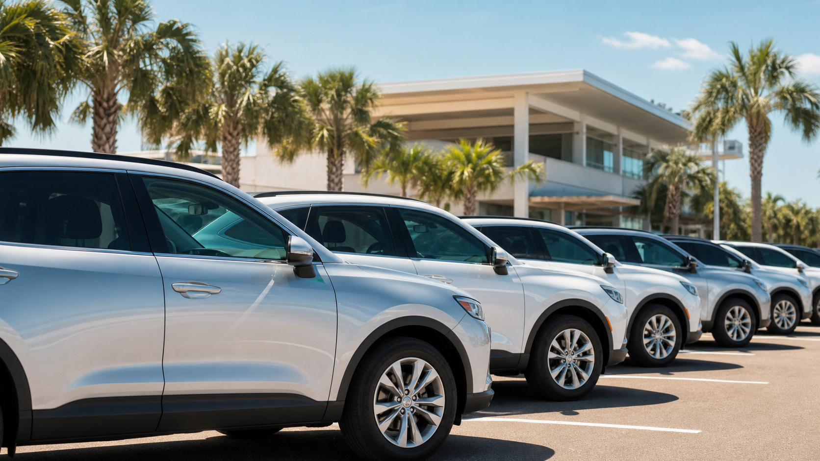Rental car pickup lot at a Florida Panhandle airport on a sunny summer day with SUVs and sedans lined up under a bright blue sky with palm trees