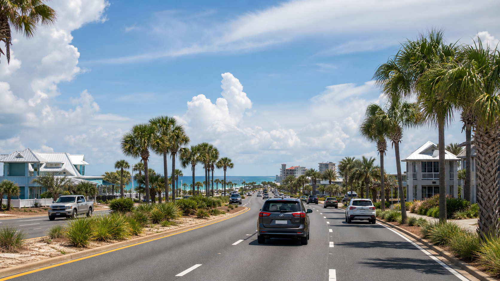 US Highway 98 through Destin Florida in summer with vacation shops, restaurants, and palm trees lining the road and glimpses of emerald Gulf water between buildings