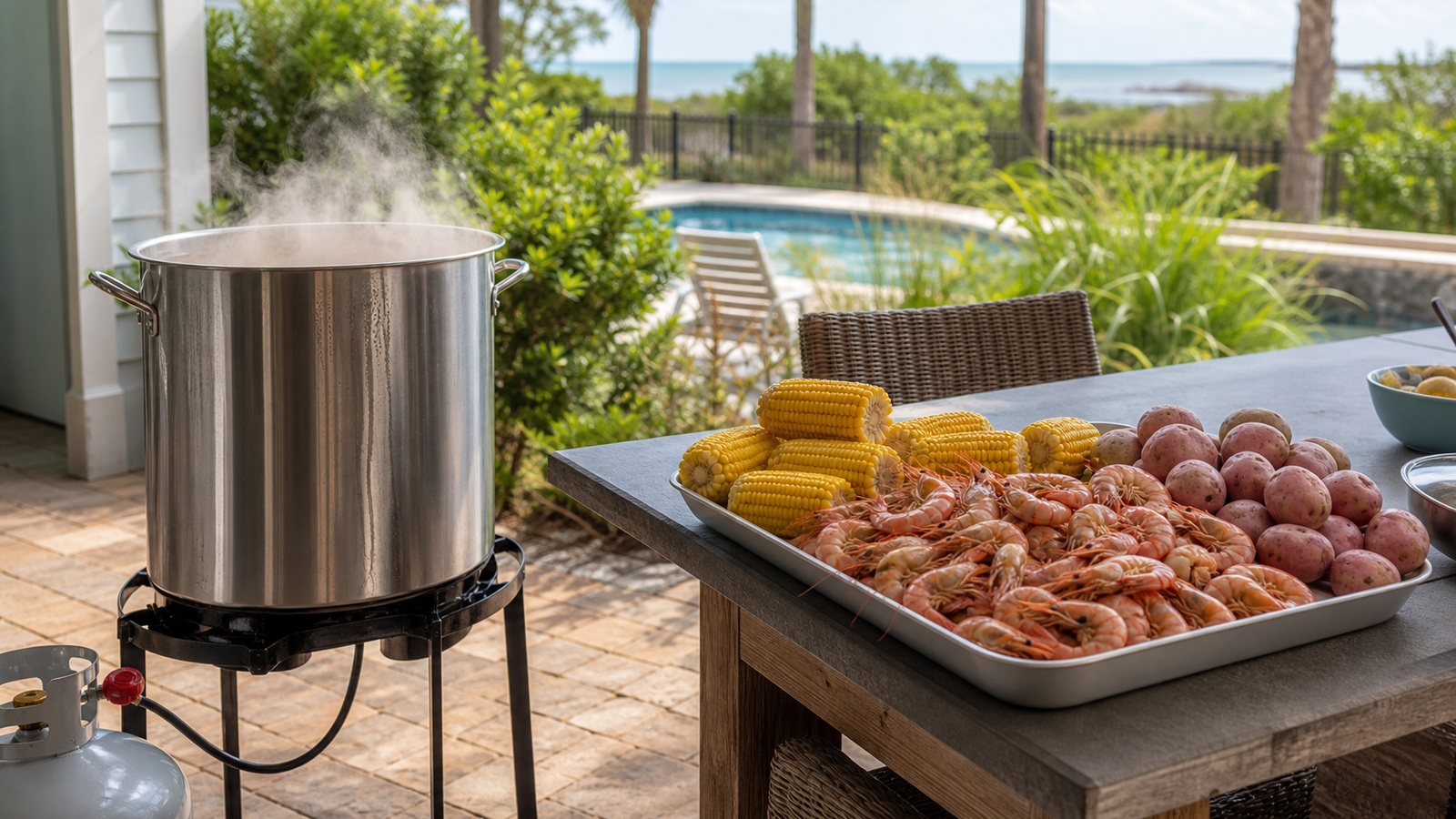 Large stockpot boiling over a propane burner on the backyard patio of a Destin Florida vacation rental, steam rising from the pot with bags of fresh Gulf shrimp on a nearby table in warm summer afternoon light