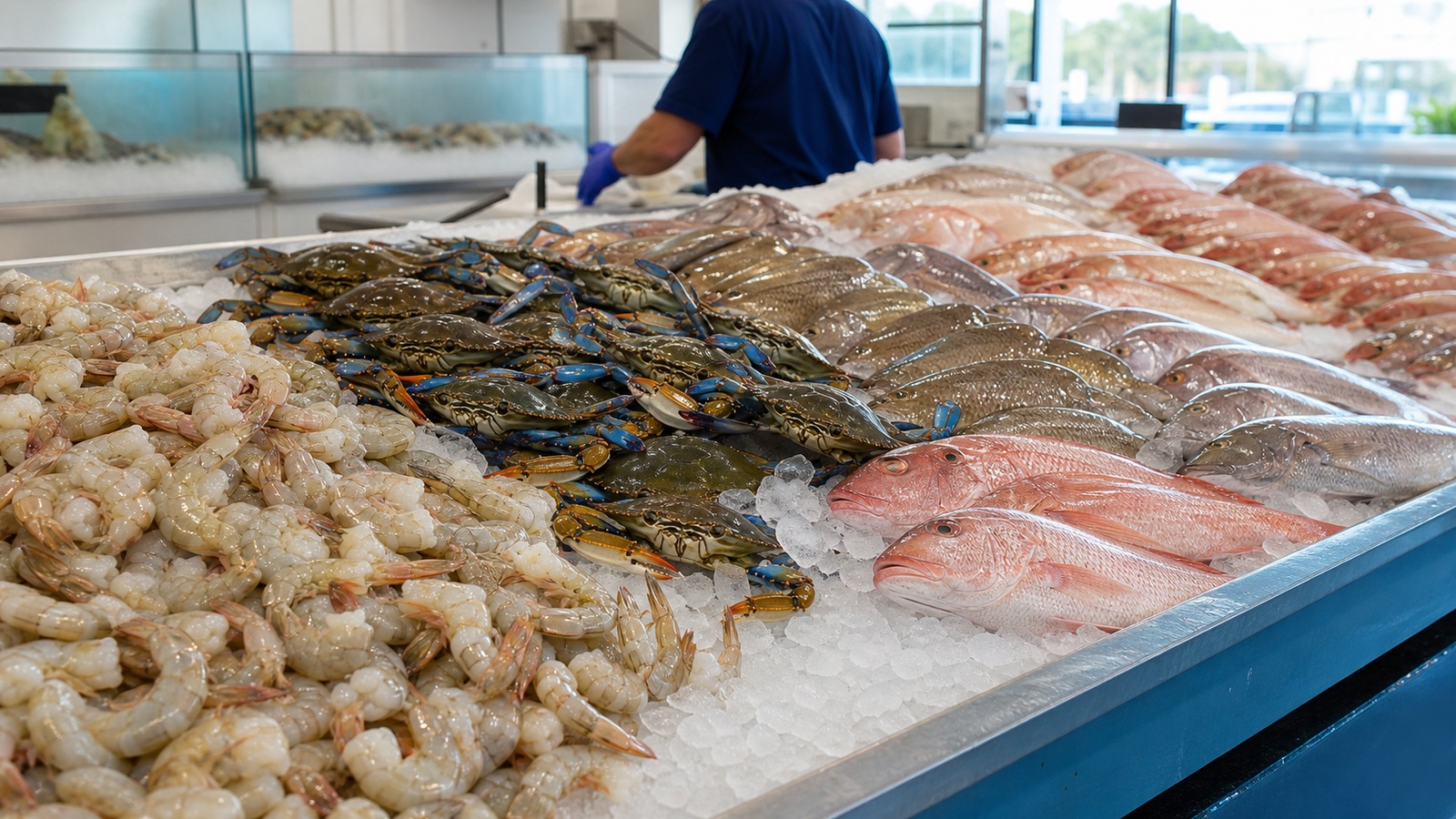 Fresh Gulf Coast seafood market in Destin Florida with large ice displays of raw Gulf shrimp, blue crabs, and fresh fish at a counter with market staff helping customers