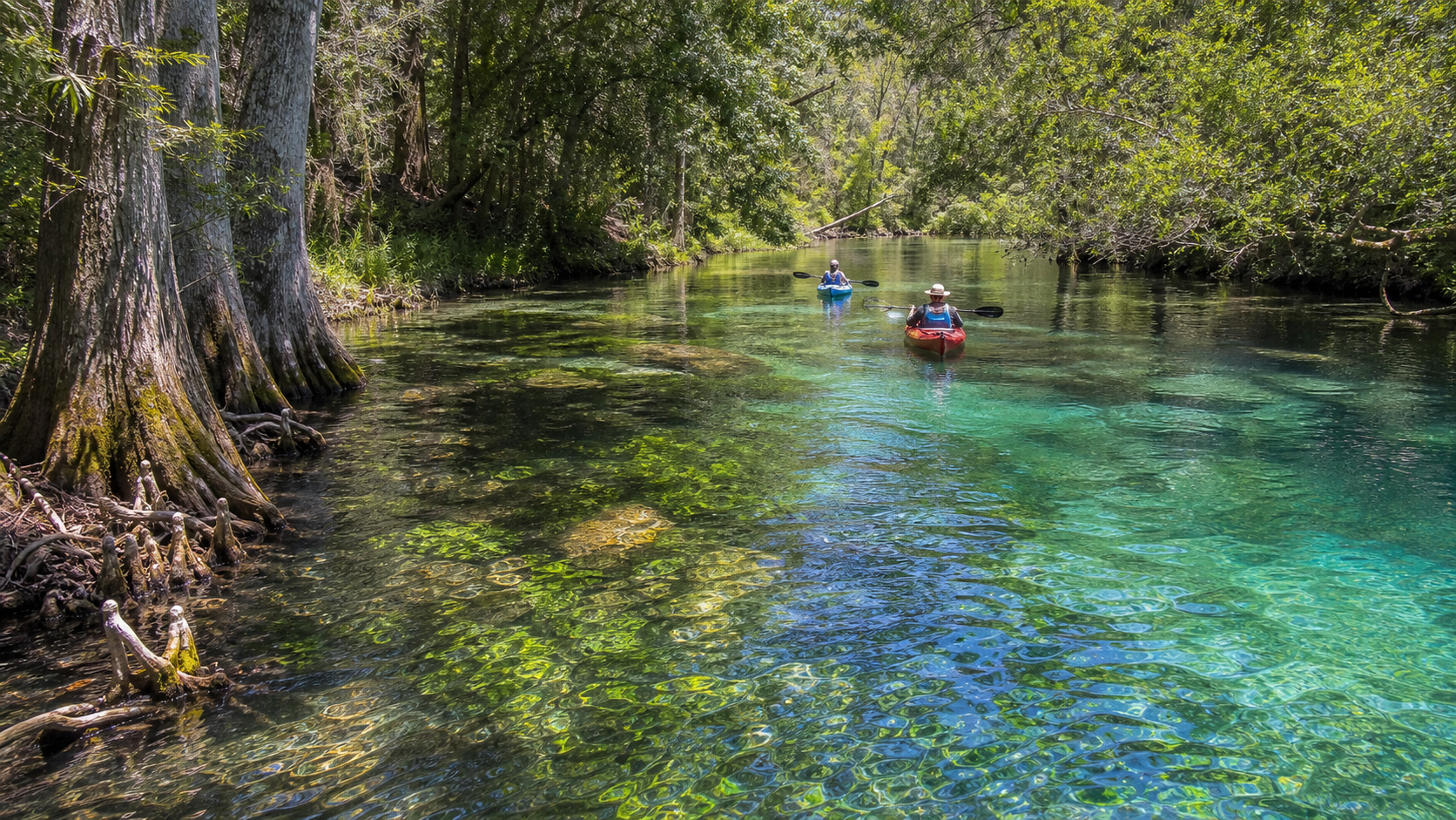 Kayakers paddling through the crystal-clear teal-green water of Holmes Creek near Cypress Spring in Vernon Florida with cypress tree roots visible under the water