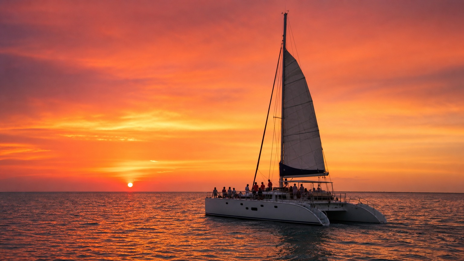 Passengers relaxing on a sailing catamaran heading into a brilliant orange and pink Gulf of Mexico sunset near Destin Florida, silhouetted against a vivid sky