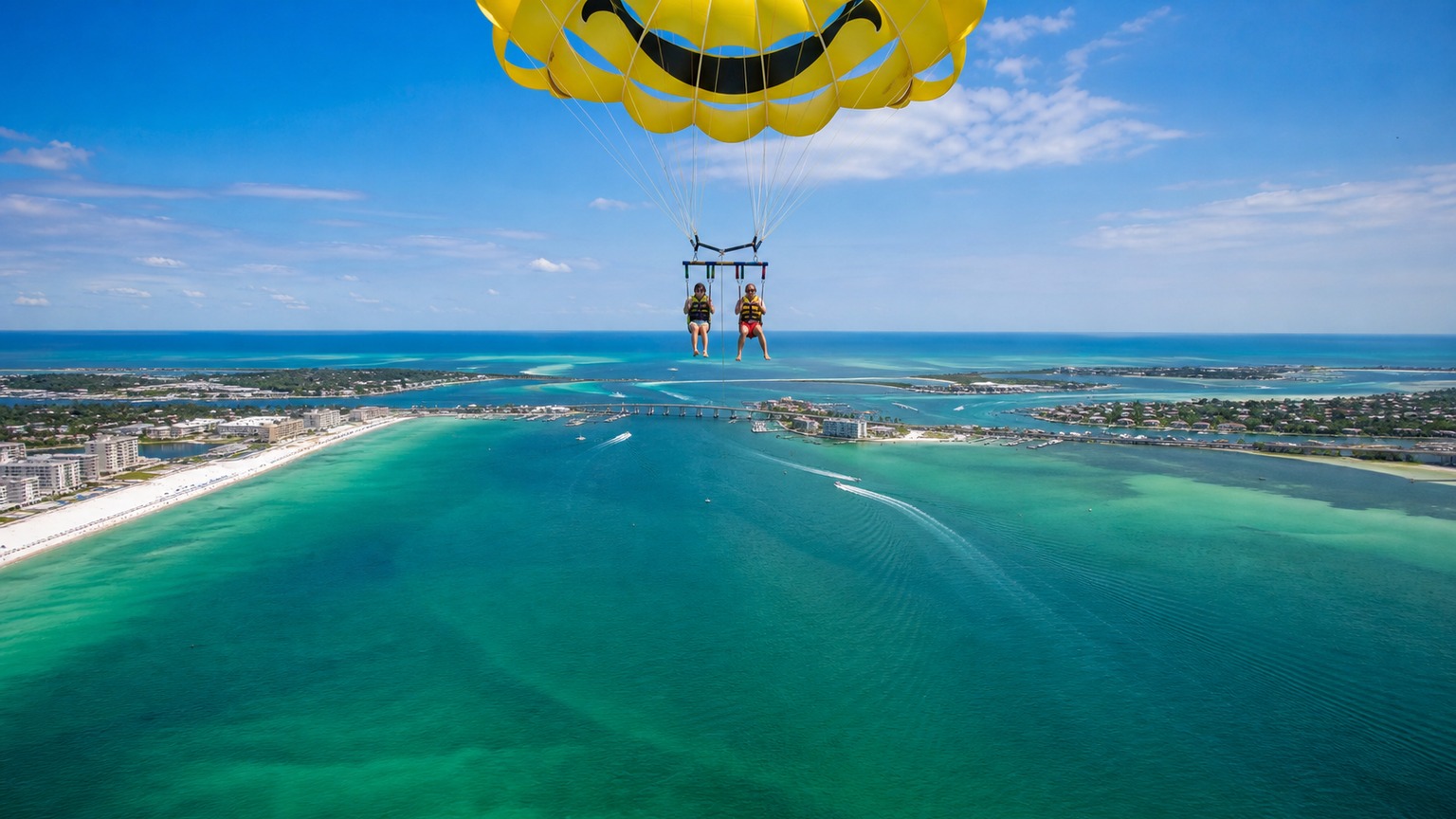 Two people parasailing above Destin's emerald Gulf of Mexico with the white sand beach and harbor visible far below on a sunny summer day