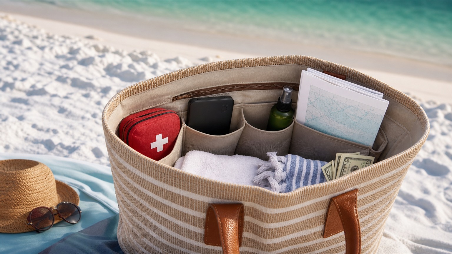 Travel first aid kit, portable phone charger, insect repellent, tide chart, and cash in a beach bag organized for a Destin vacation