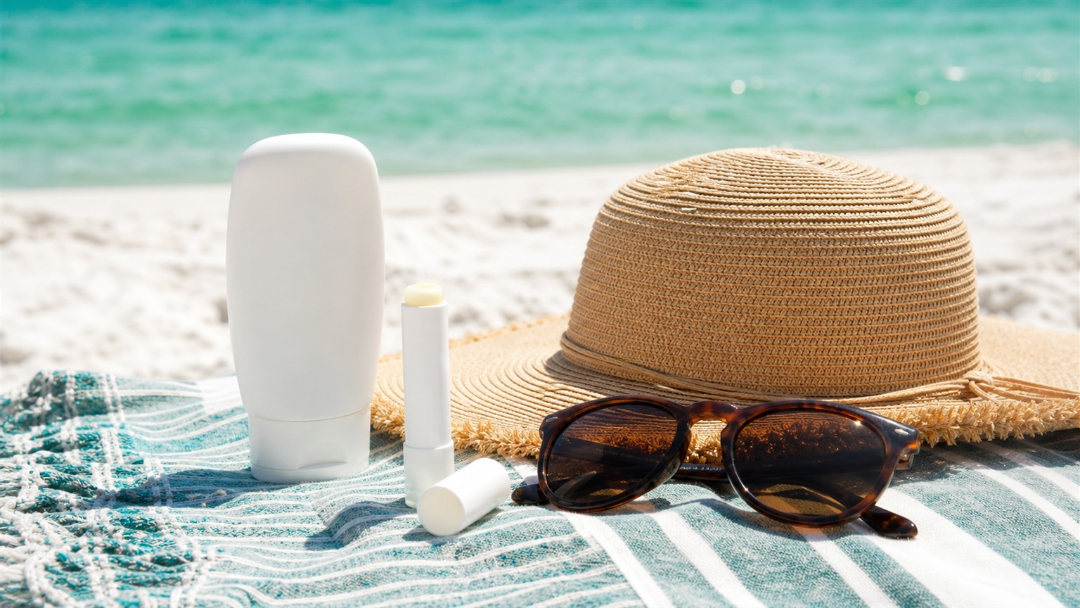 Reef-safe sunscreen, SPF lip balm, wide-brim hat, and polarized sunglasses arranged on a sandy Destin beach towel